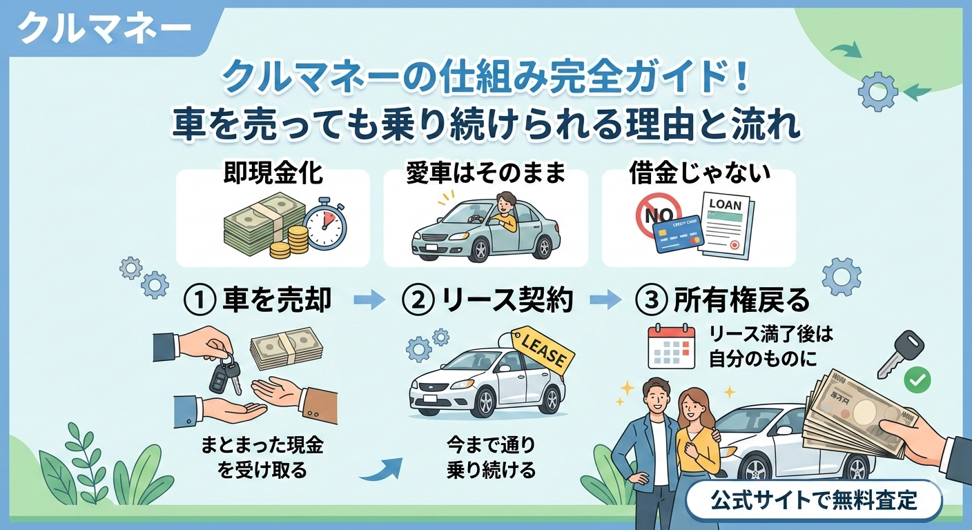 クルマネーの仕組み図解。車を売却して現金を受け取り、リース契約でそのまま乗り続け、満了後に所有権が戻る流れ。