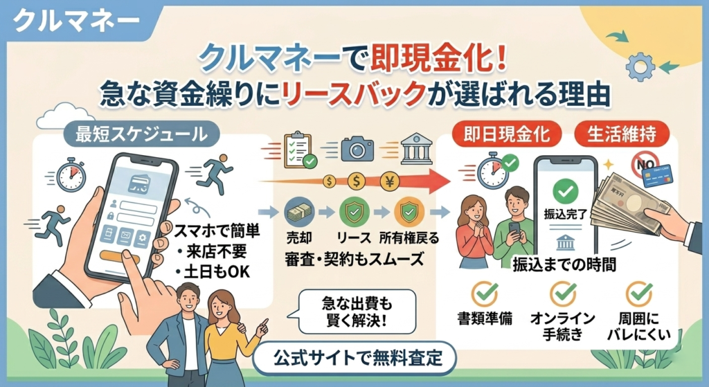 クルマネーの即現金化スケジュール。スマホからの申し込み、必要書類の準備、最短当日振込までのスピード感。