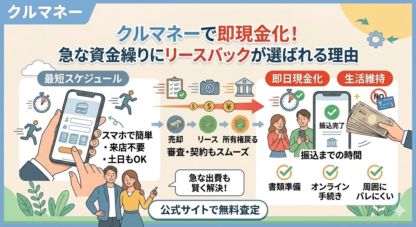 クルマネーの即現金化スケジュール。スマホからの申し込み、必要書類の準備、最短当日振込までのスピード感。