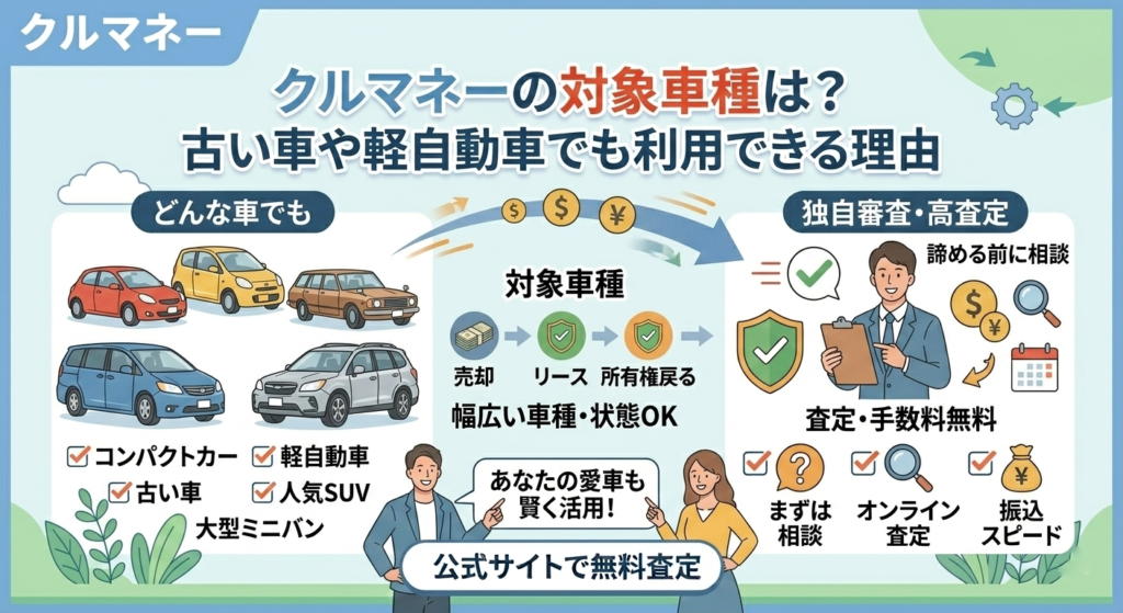 クルマネーの対象車種ガイド。軽自動車、古い車、多走行車、人気SUVなど、幅広い車種が査定対象であることを示す。