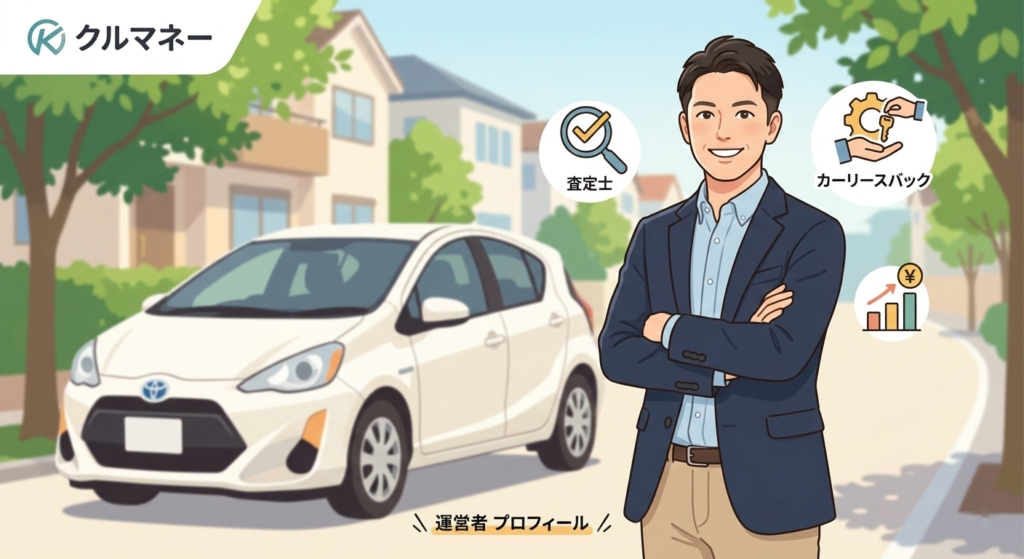 車と査定士のアイコンと共に笑顔を見せる運営者のイラストイメージ。親しみやすいアドバイザー。